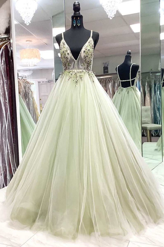 A-Line Beaded Sage Green Tulle Prom Dress