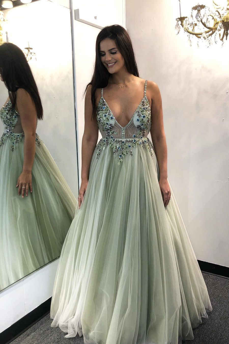 A-Line Beaded Sage Green Tulle Prom Dress