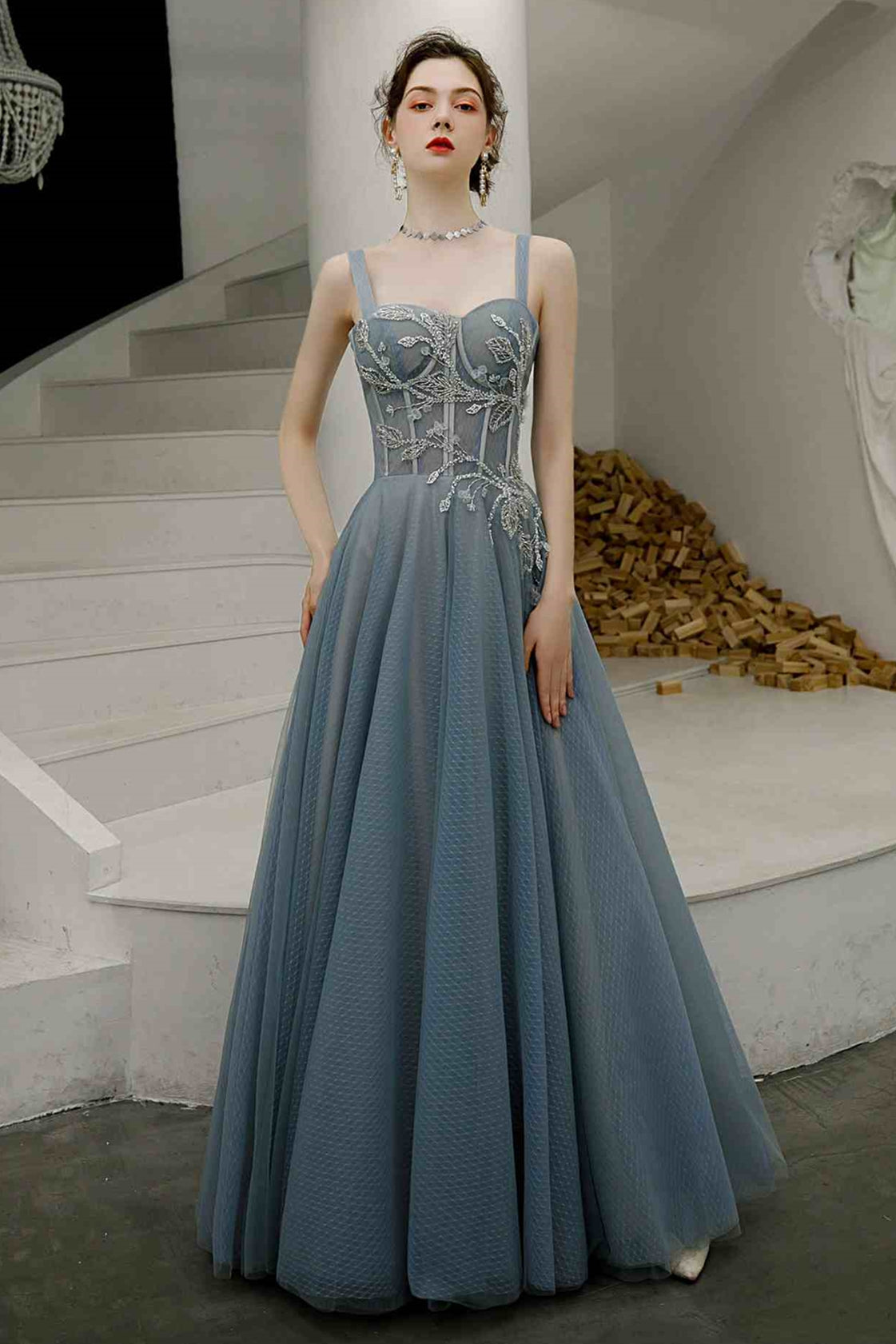 Elegant  A-Line Embroidery Dusty Blue Prom Dress