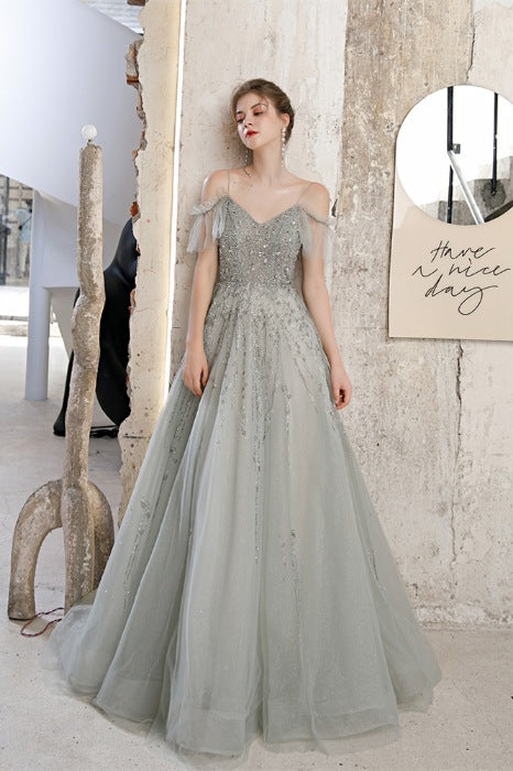 Gorgeous A-Line Beaded Light Grey Prom Dress