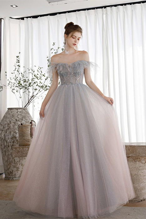 A-Line Strapless Beaded Tulle Long Prom Dress