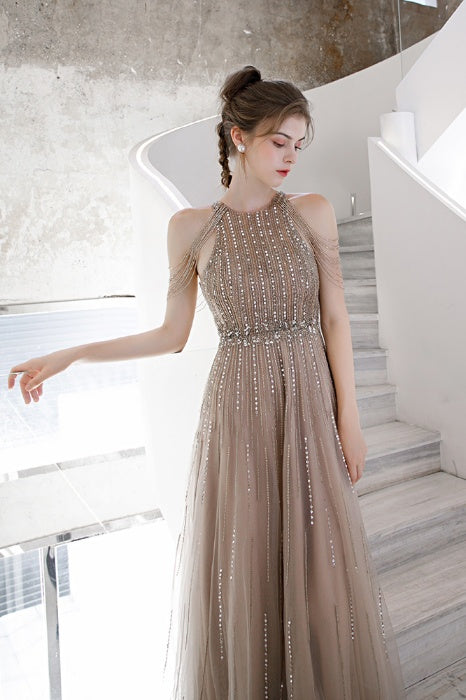 Gorgeous Crew Neck Beaded Taupe Long Prom Dress