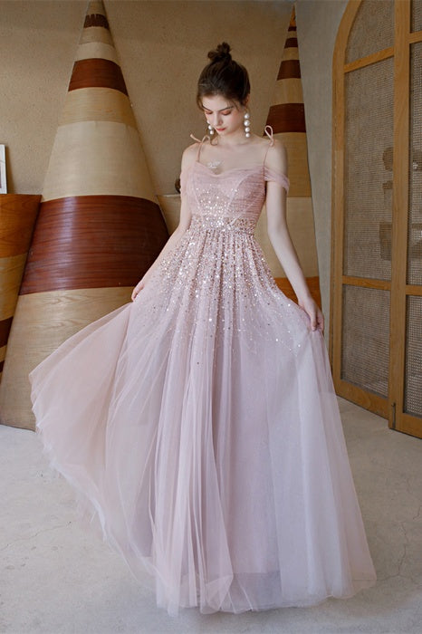 Elegant Straps Sequins Pink Tulle Prom Dress