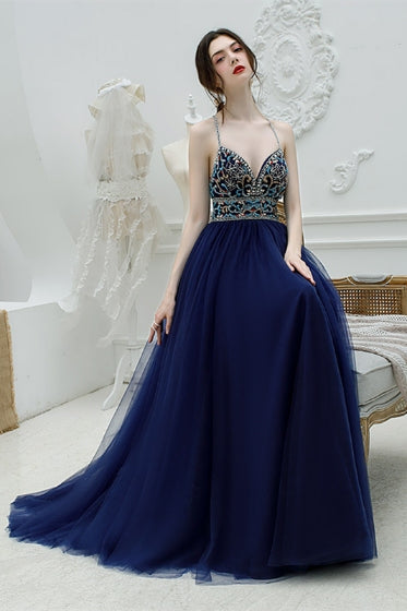 Elegant Halter Beaded Navy Blue Long Prom Dress