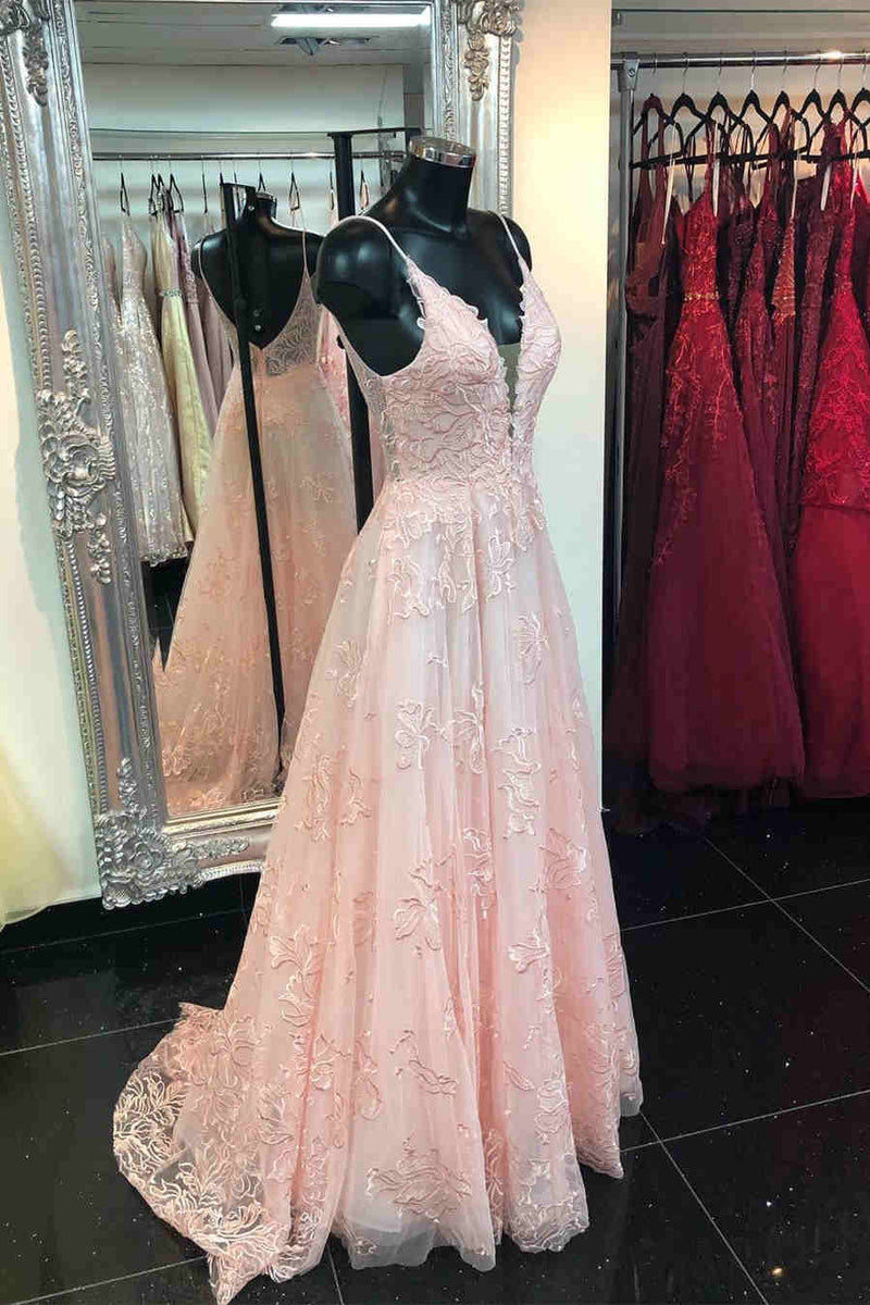 Deeep V-neck Embroidery Pink Long Prom Dress