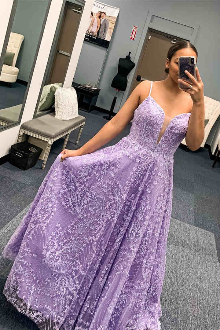 Elegant Lavender Embroidery A-Line Long Prom Dress