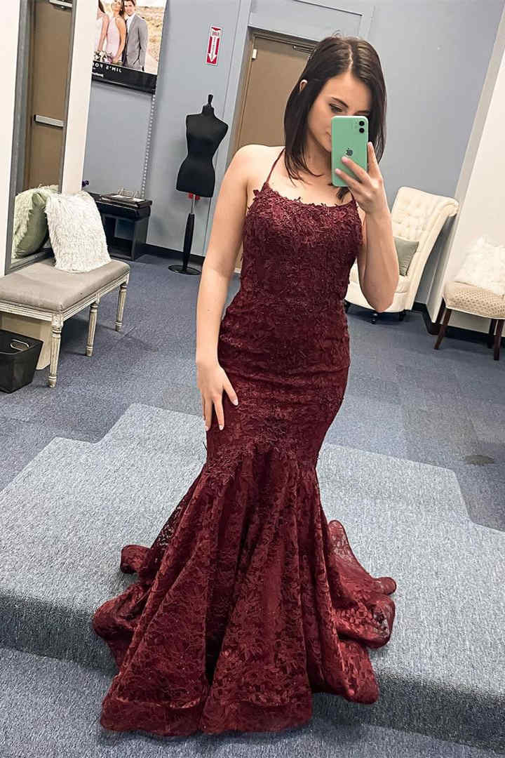 Wine Red Straps Lace Appliques Mermaid Prom Dress