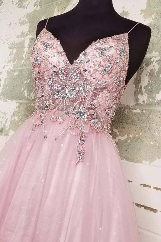 Straps A-line Blush Beaded Long Formal Dress