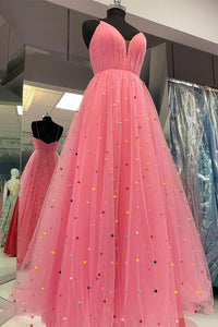 Princess A-line Hot Pink Tulle Long Prom Dress