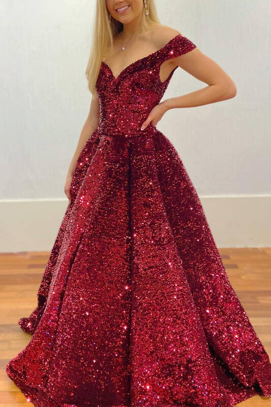 Sparkle Off the Shoulder Burgundy Sequined Long Ball Gown