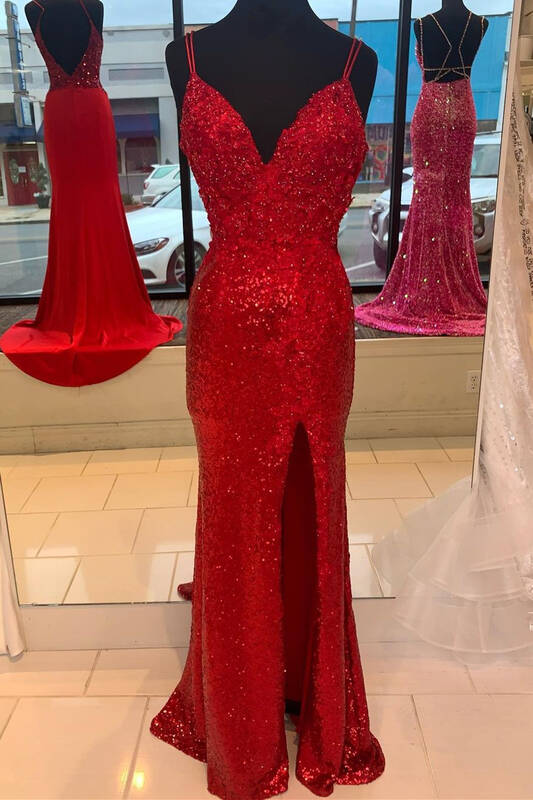 Sparkle Red Mermaid Sequined Prom Dress with Slit