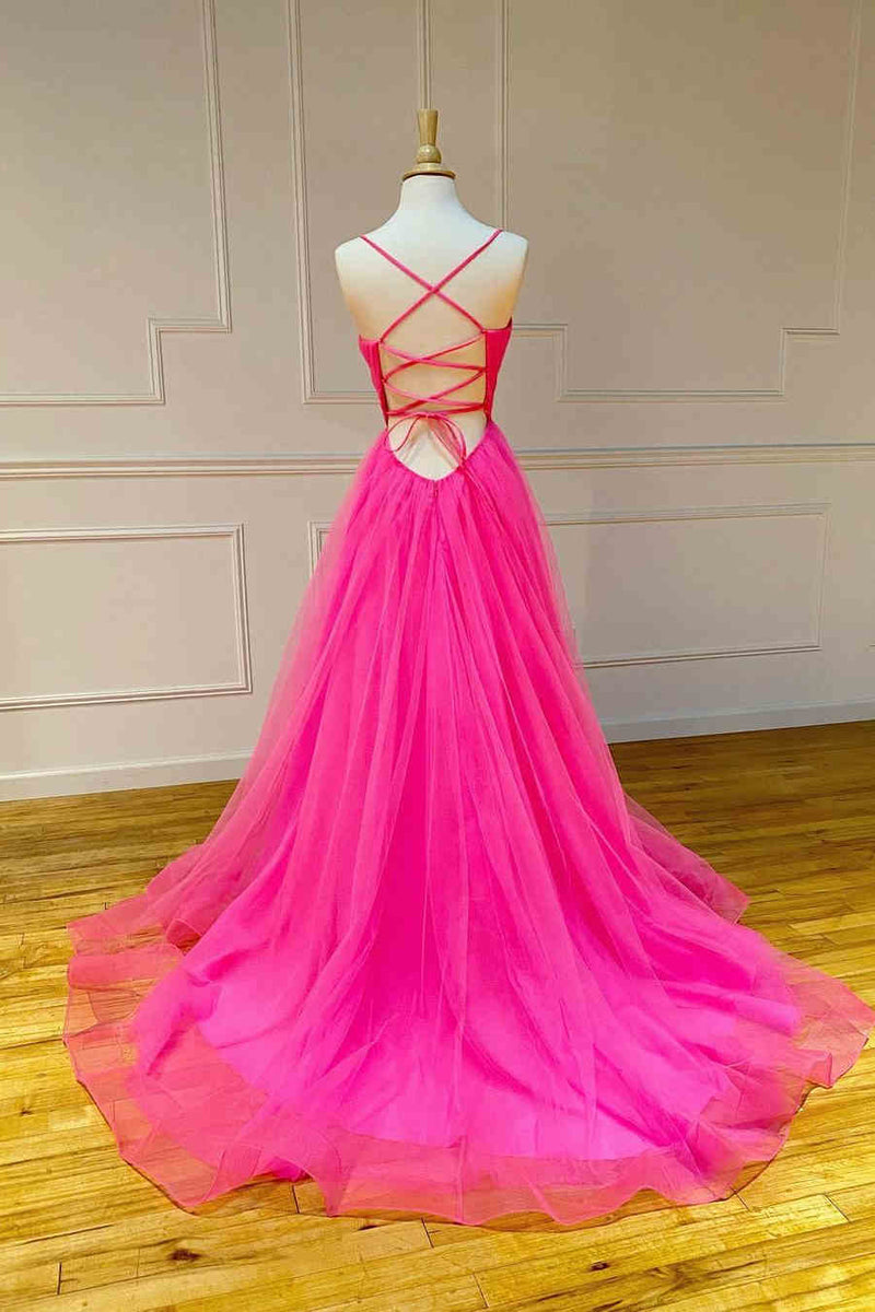 Straps Hot Pink Tulle Long Prom Dress