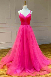 Straps Hot Pink Tulle Long Prom Dress