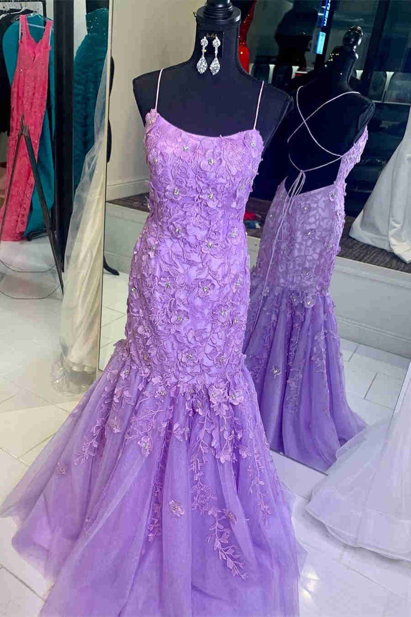 Straps Lavender Lace Appliques Mermaid Prom Dress