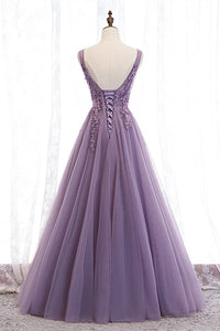 Elegant Lilac V-Neck Appiques Long Prom Dress