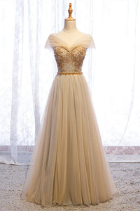A-Line Cap Sleeves Champagne Formal Dress