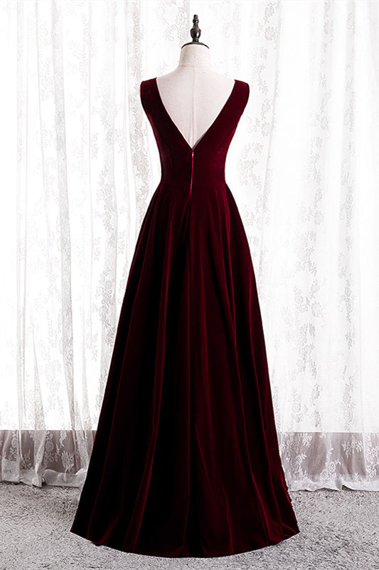 Burgundy V-Neck Velvet Formal Dress