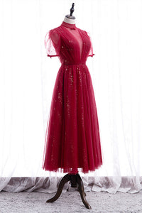 Elegant Puff Sleeeves Red Tulle Prom Dress