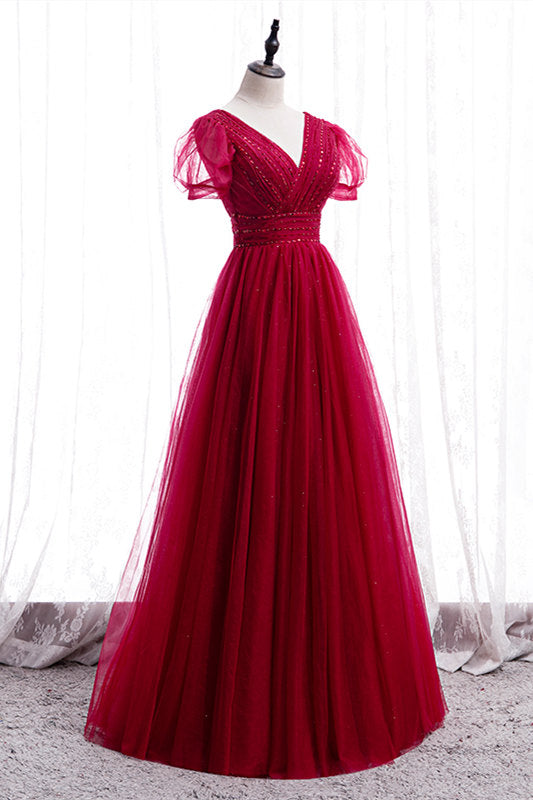 Classic Red V-Neck Beaded Long Formal Dress
