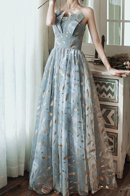 Strapless A-Line Dusty Blue Prom Dress