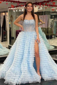 Light Blue Beaded  Formal Dress with Slit