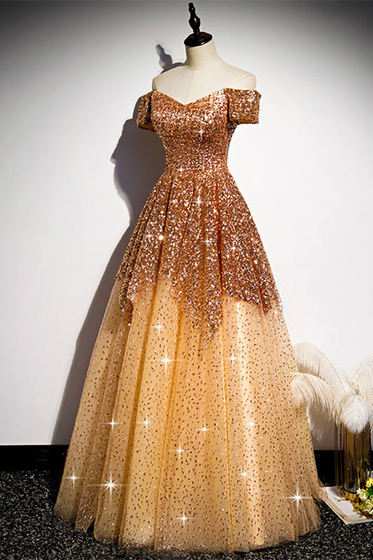 Glitter Offt the Shoulder Orange Prom Dress