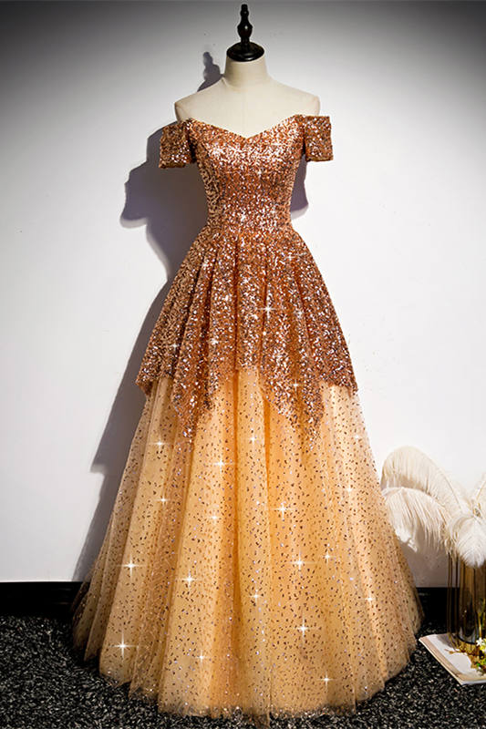 Glitter Offt the Shoulder Orange Prom Dress