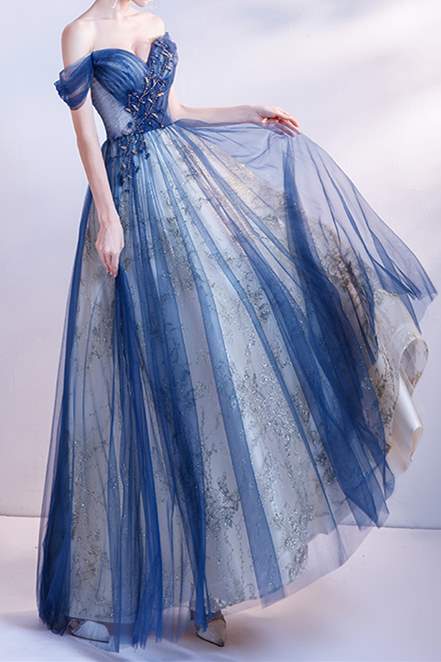 DDreamdressy Light Blue Tulle Off-The-Shoulder Tiered A-Line Prom Dress Light Blue / US 10