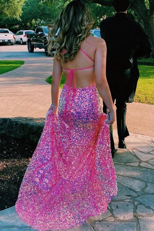 Glitter Hot Pink Sequined Mermaid Long Prom Dress