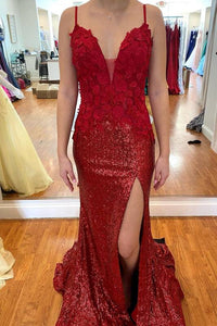 Sexy Wine Red Sequined Long Formal Dress with Slit