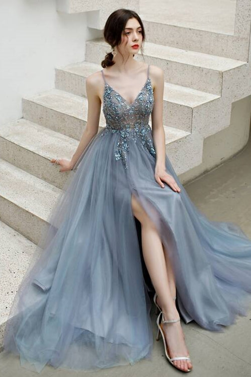 Princess Misty Blue Beaded Long Formal Dress
