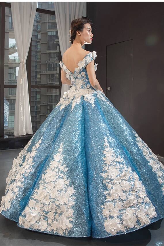 Off the Shoulder Blue and White Ball Gown