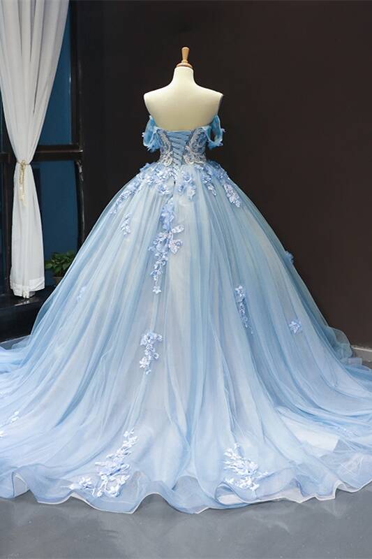 Off the Shoulder Blue Tulle and White Lace Appliques Ball Gown
