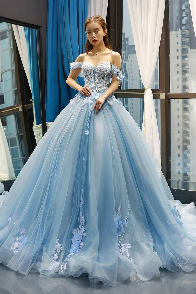 Off the Shoulder Blue Tulle and White Lace Appliques Ball Gown