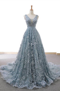 Gorgeous A-line Grey Lace Appliques Long Prom Gown