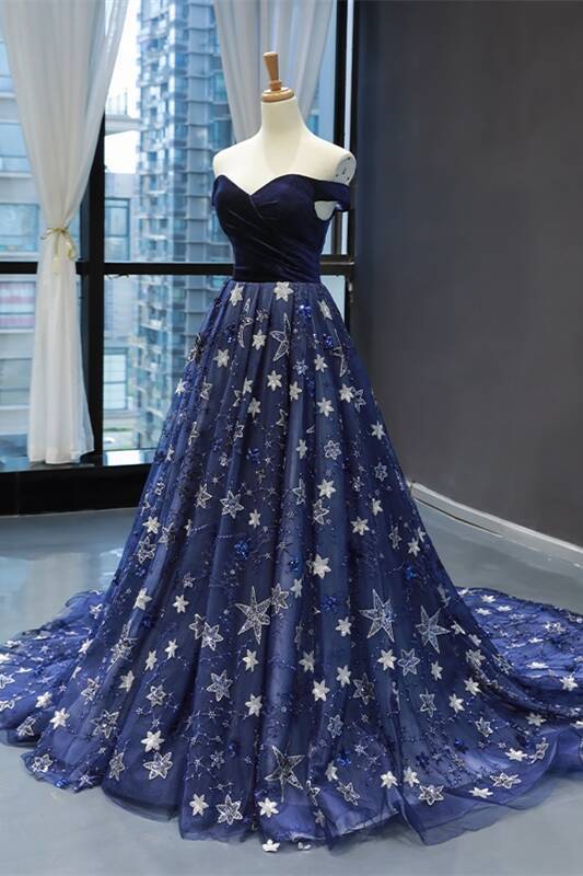 Elegant Off the Shoulder Navy Blue Prom Dress