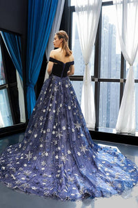 Elegant Off the Shoulder Navy Blue Prom Dress