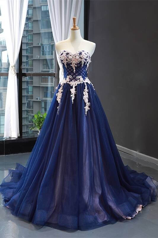 Gorgeous Sweetheart Navy Blue and Lace Appliques – Dreamdressy