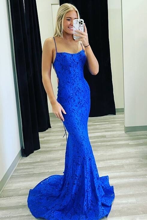 Elegant Mermaid Royal Blue Lace Prom Dress
