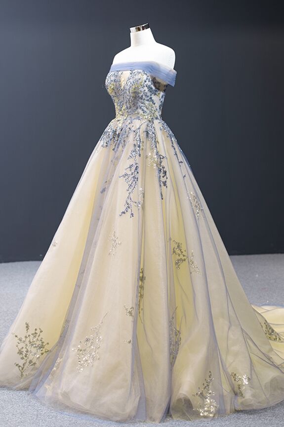 Off the Shoulder Yellow and Blue Formal Gown – Dreamdressy