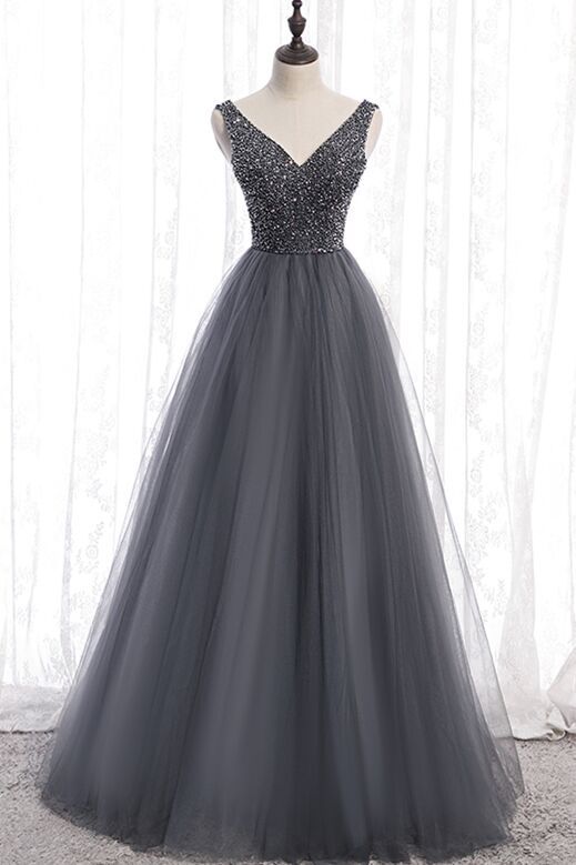 Classic A-line Grey Tulle Long Formal Dress