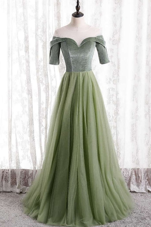 Short Sleeves Sage Green Long Formal Dress