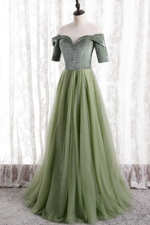 Short Sleeves Sage Green Long Formal Dress