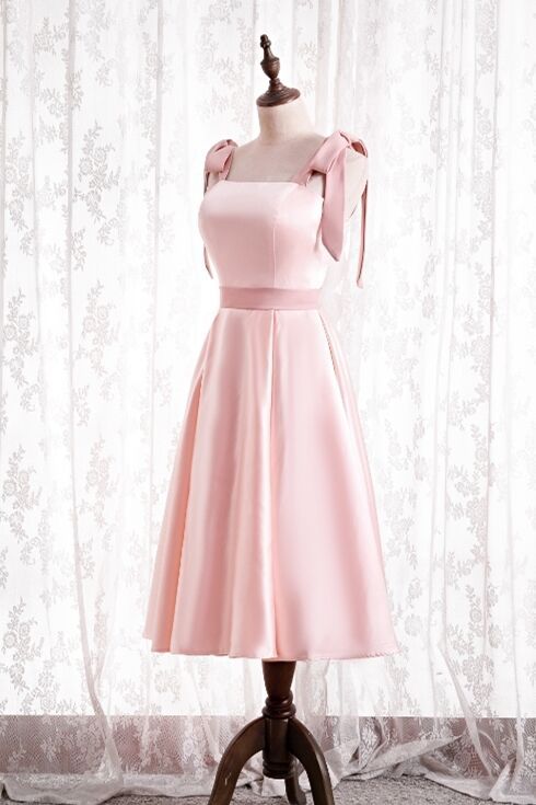 Knee Length Pink Satin Party Dress with Tie Shoulders