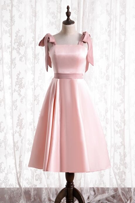Knee Length Pink Satin Party Dress with Tie Shoulders