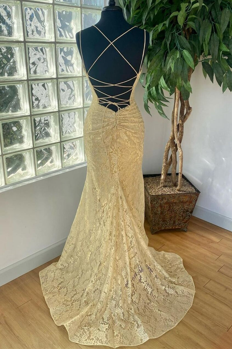 Elegant Gold Mermaid Lace Long Prom Dress