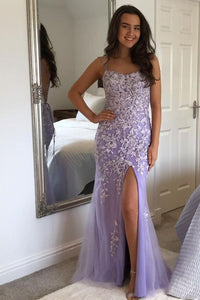Elegant Mermaid Lavender Lace Appliques Long Prom Dress
