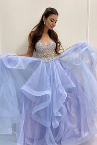 Gorgeous Beaded Blue Tiered Long Formal Gown