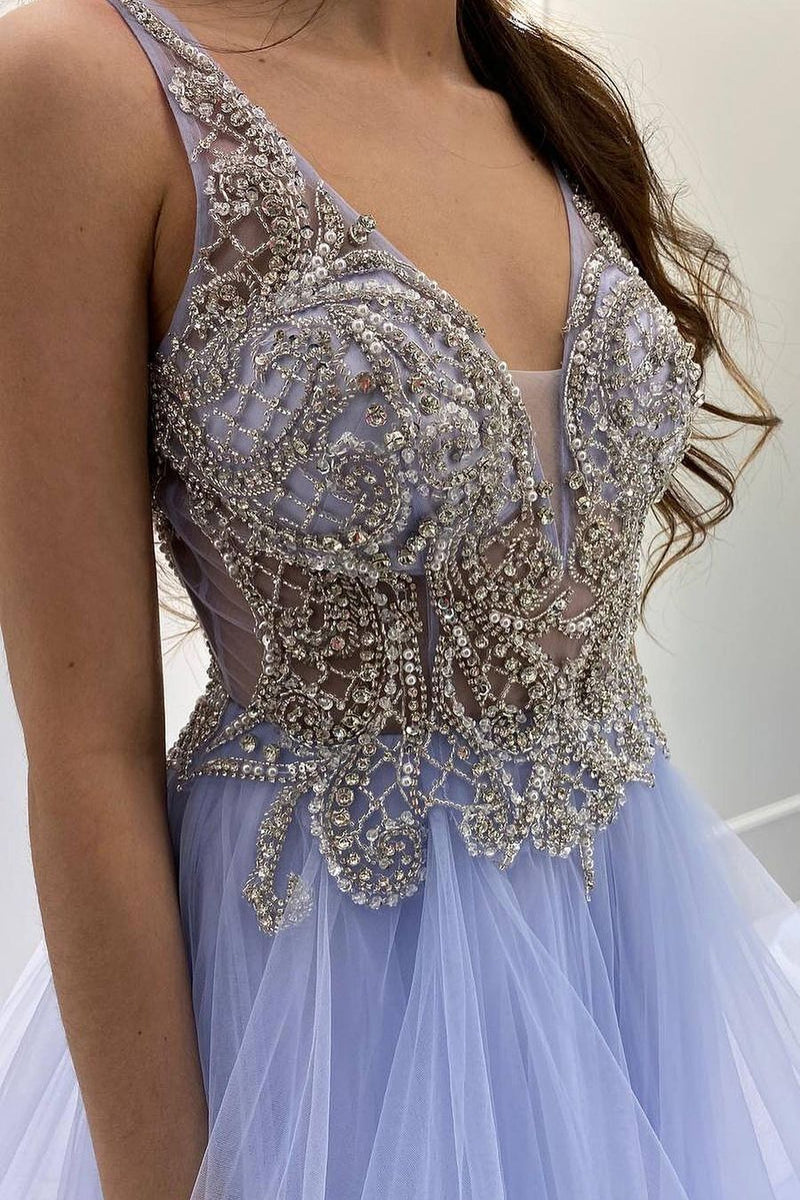 Gorgeous Beaded Blue Tiered Long Formal Gown