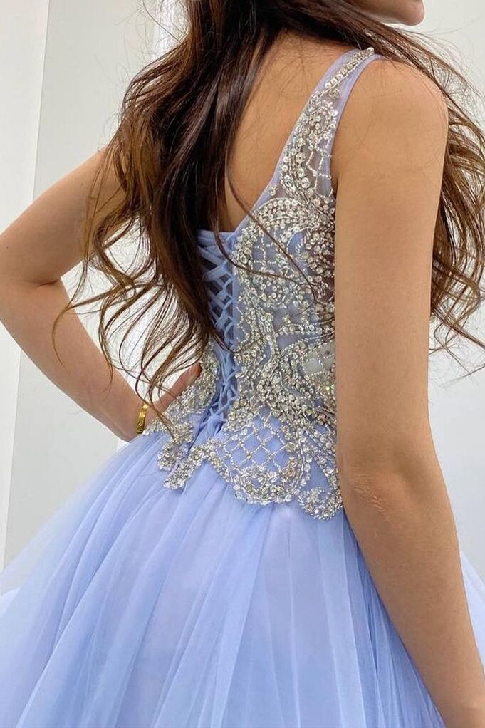 Gorgeous Beaded Blue Tiered Long Formal Gown